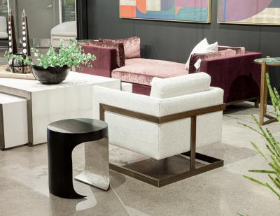  Carrocel Interiors Pair of Custom Linen Lounge Chairs with Antiqued Brass Frames by Carrocel