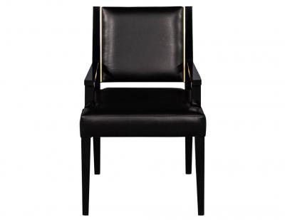  Carrocel Interiors Set of 10 Custom Modern Black Leather Dining Chairs with Brass Detailing