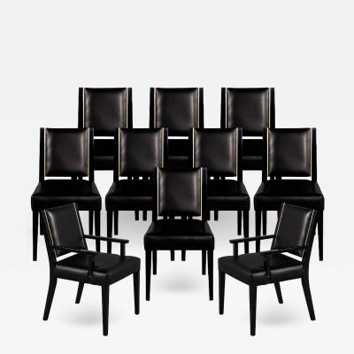 Carrocel Interiors Set of 10 Custom Modern Black Leather Dining Chairs with Brass Detailing
