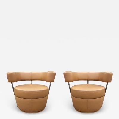  Carsons Pair of Mid Century Italian Leather Post Modern Swivel Lounge Chairs by Carsons