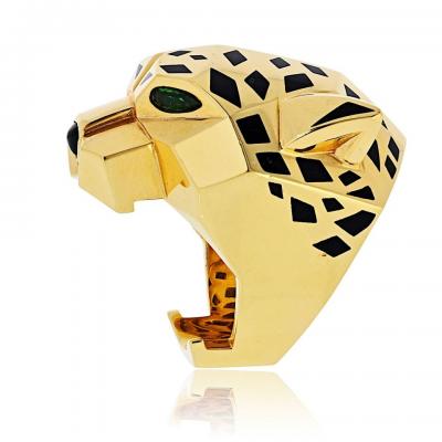  Cartier 18K Yellow Gold Peridot Black Onyx Black Lacquer Panthere De Cartier Ring