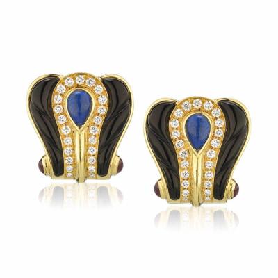  Cartier CARTIER 18K YELLOW GOLD BLACK ENAMEL DIAMOND LAPIS EARRINGS