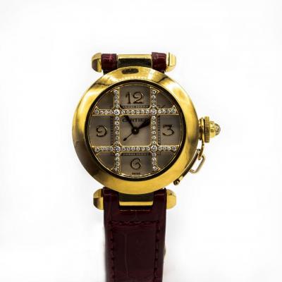 Cartier CARTIER PASHA 18K YELLOW GOLD 32MM DIAMOND GRID ROUND DIAL LADIES WATCH