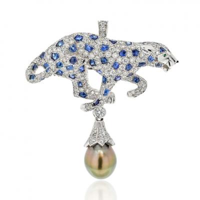  Cartier CARTIER PLATINUM TAHITIAN PEARL SAPPHIRE AND DIAMOND PENDANT CLIP BROOCH