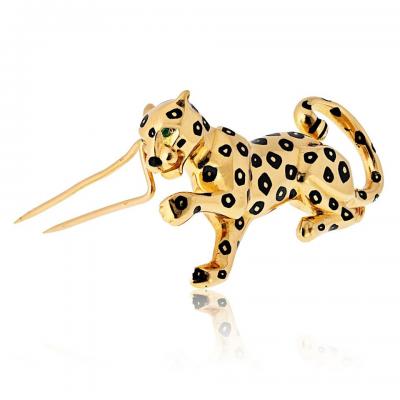  Cartier Cartier 18K Yellow Gold Panthere Black Enamel Spotted Brooch