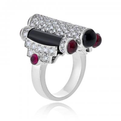 Cartier Cartier Rouleaux 18K White Gold Onyx Ruby And Diamond Ring