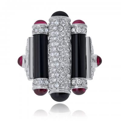  Cartier Cartier Rouleaux 18K White Gold Onyx Ruby And Diamond Ring