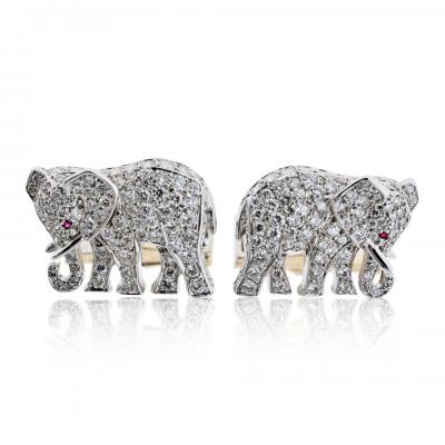  Cartier Diamond Elephant 18K White Gold Walking Elephant Shirt Studs and Cuff Links