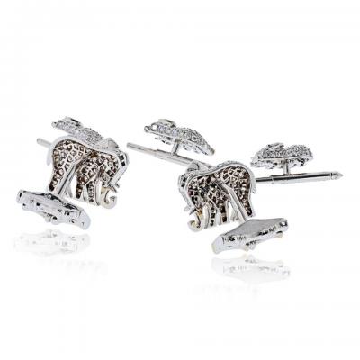  Cartier Diamond Elephant 18K White Gold Walking Elephant Shirt Studs and Cuff Links