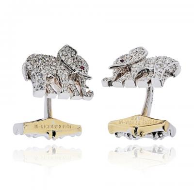  Cartier Diamond Elephant 18K White Gold Walking Elephant Shirt Studs and Cuff Links