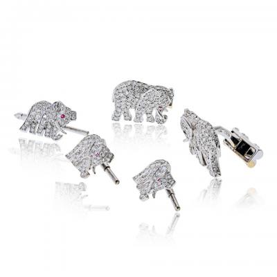  Cartier Diamond Elephant 18K White Gold Walking Elephant Shirt Studs and Cuff Links