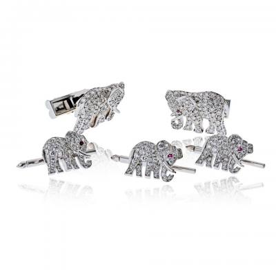  Cartier Diamond Elephant 18K White Gold Walking Elephant Shirt Studs and Cuff Links
