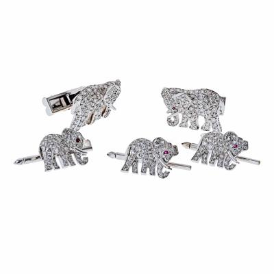  Cartier Diamond Elephant 18K White Gold Walking Elephant Shirt Studs and Cuff Links