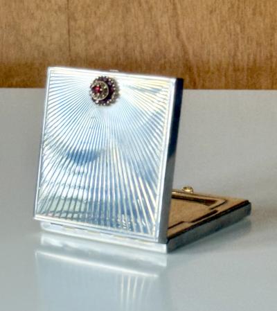  Cartier French Art Deco Sterling Silver with Gemstone Rosetta Compact Case by Cartier