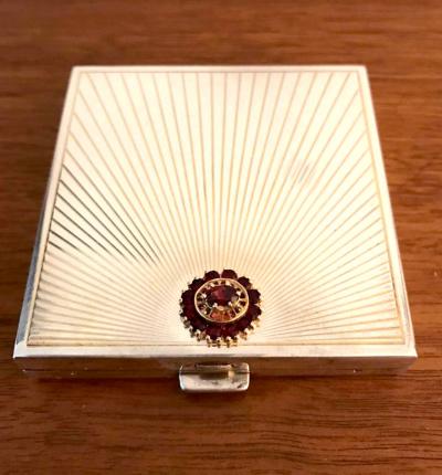  Cartier French Art Deco Sterling Silver with Gemstone Rosetta Compact Case by Cartier
