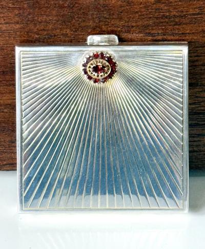  Cartier French Art Deco Sterling Silver with Gemstone Rosetta Compact Case by Cartier