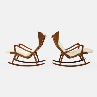  Cassina Pair of Walnut Rocking Lounge Chairs Model 572 Ivory Kalgan Lambskin Cassina