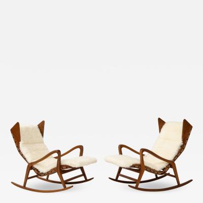  Cassina Pair of Walnut Rocking Lounge Chairs Model 572 Ivory Kalgan Lambskin Cassina