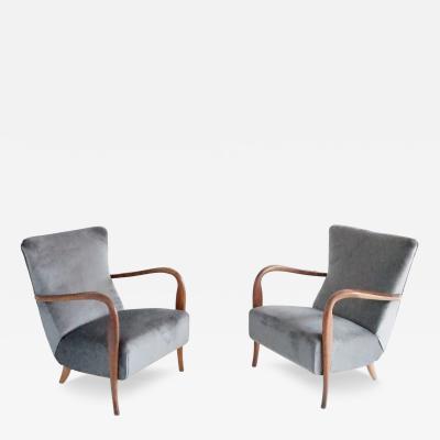  Cassina pair of wood and grey velvet armchairs mod 401 from Cassina Meda 1940
