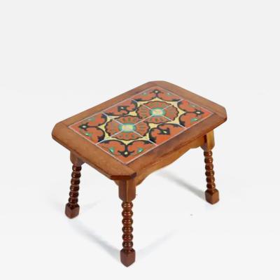  Catalina Pottery Monterey Style Turned End Table with Orange Yellow Spanish Tiles C 1930