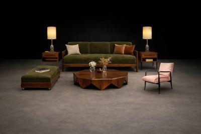  Celina Decora es Brazilian Modern Two in One Rosewood Sofa Daybed in Deep Olive Mohair Celina