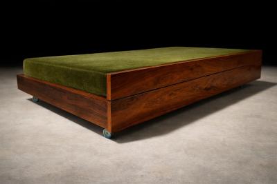  Celina Decora es Brazilian Modern Two in One Rosewood Sofa Daybed in Deep Olive Mohair Celina