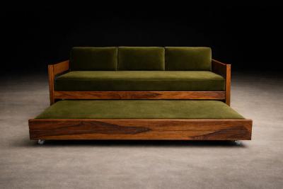  Celina Decora es Brazilian Modern Two in One Rosewood Sofa Daybed in Deep Olive Mohair Celina
