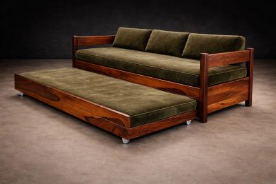  Celina Decora es Brazilian Modern Two in One Rosewood Sofa Daybed in Deep Olive Mohair Celina