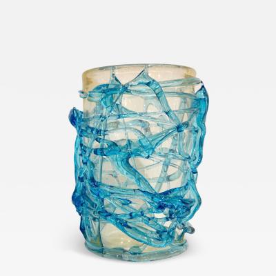  Cenedese 2000 Cenedese Italian Modern Aqua Blue 24 Kt Gold Murano Glass Art Vase