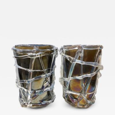  Cenedese Cenedese Italian Modern Pair of Iridescent Black Gold Crystal Murano Glass Vases