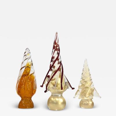  Cenedese Signed 3 Italian Vintage Gold Amber Red Murano Glass Christmas Tree Sculptures