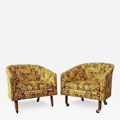  Century Furniture Pair of Century Furniture Cos Barrel Back Chairs with Walnut Legs and Casters