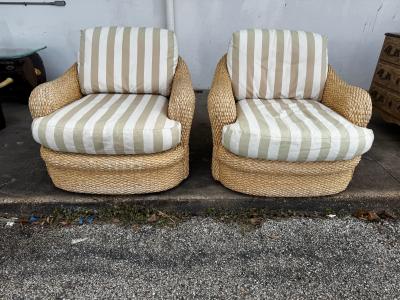  Century Furniture Pair of Custom Wicker Swivel Lounge Chairs by Century Furniture