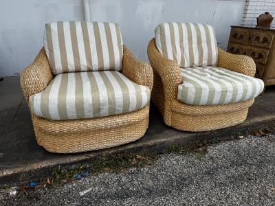  Century Furniture Pair of Custom Wicker Swivel Lounge Chairs by Century Furniture