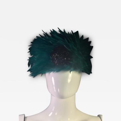  Chanel CHANEL EMERALD FEATHER HAT WITH SIGNATURE BLACK SEQUIN ROSE