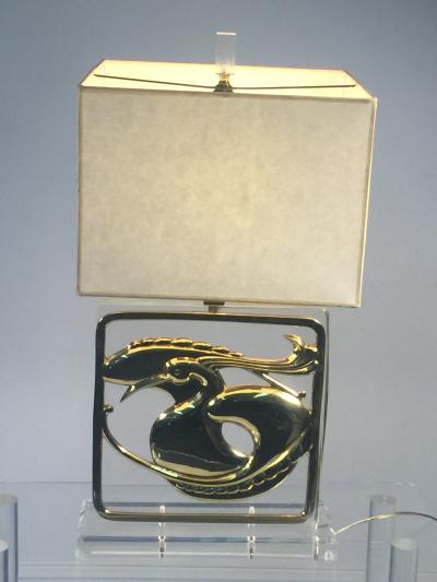  Chapman Manufacturing Company Exceptional Pair of Stylized Brass Egret and Fish Design Lucite Lamps