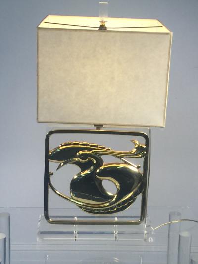  Chapman Manufacturing Company Exceptional Pair of Stylized Brass Egret and Fish Design Lucite Lamps