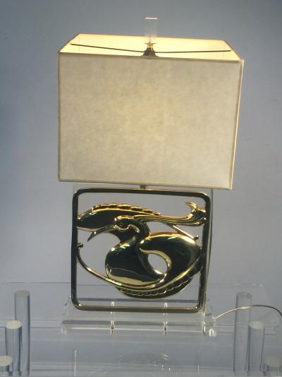  Chapman Manufacturing Company Exceptional Pair of Stylized Brass Egret and Fish Design Lucite Lamps
