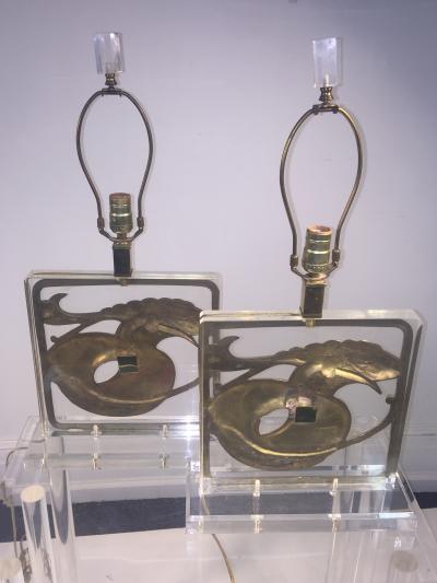  Chapman Manufacturing Company Exceptional Pair of Stylized Brass Egret and Fish Design Lucite Lamps