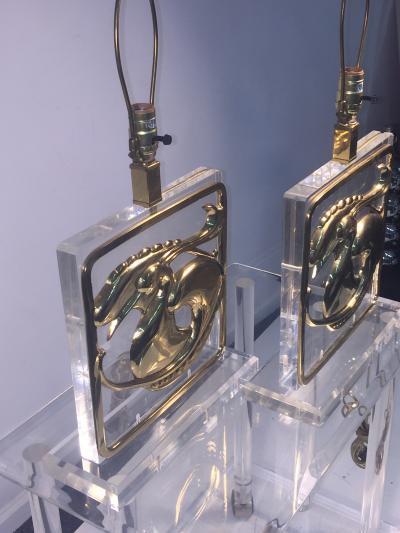  Chapman Manufacturing Company Exceptional Pair of Stylized Brass Egret and Fish Design Lucite Lamps