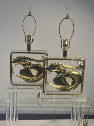  Chapman Manufacturing Company Exceptional Pair of Stylized Brass Egret and Fish Design Lucite Lamps
