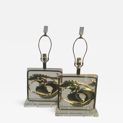  Chapman Manufacturing Company Exceptional Pair of Stylized Brass Egret and Fish Design Lucite Lamps