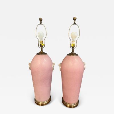  Chapman Manufacturing Company Pair of Hollywood Regency Pink Acid Etched Glass Urn Lamps by Chapman