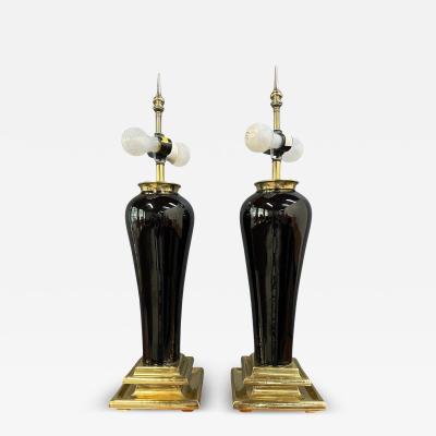  Chapman Manufacturing Company Pair of Mid Century Black Ceramic Urn Lamps with Stepped Brass Bases by Chapman