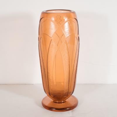  Charder Art Deco Vase in Translucent Cognac w Cubist Geometric Patterns Signed Charder