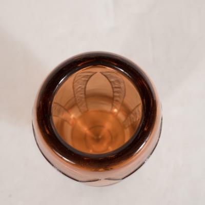  Charder Art Deco Vase in Translucent Cognac w Cubist Geometric Patterns Signed Charder
