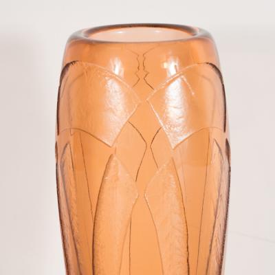  Charder Art Deco Vase in Translucent Cognac w Cubist Geometric Patterns Signed Charder