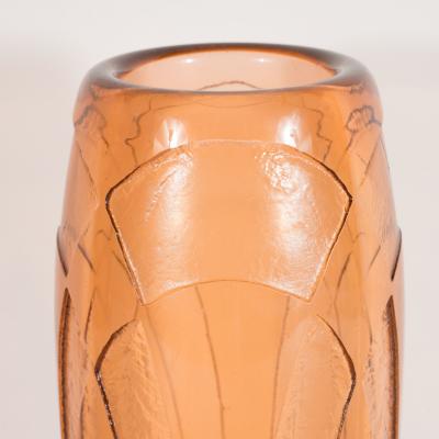  Charder Art Deco Vase in Translucent Cognac w Cubist Geometric Patterns Signed Charder