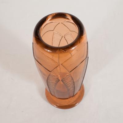  Charder Art Deco Vase in Translucent Cognac w Cubist Geometric Patterns Signed Charder