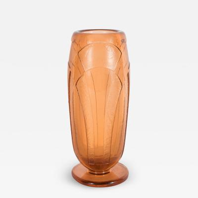  Charder Art Deco Vase in Translucent Cognac w Cubist Geometric Patterns Signed Charder